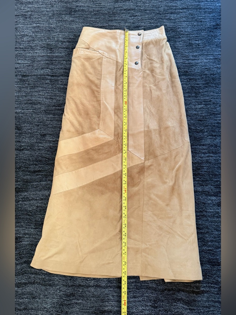 Vintage High-Rise Suede and leather Pencil A-Line Midi Skirt in Tan